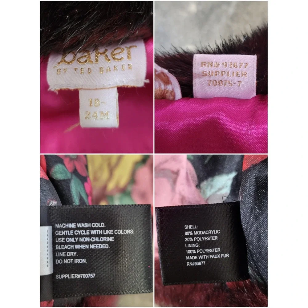 Baker by Ted Baker Faux Fur Bolero Jacket Burgundy Floral Lining 18-24M‎